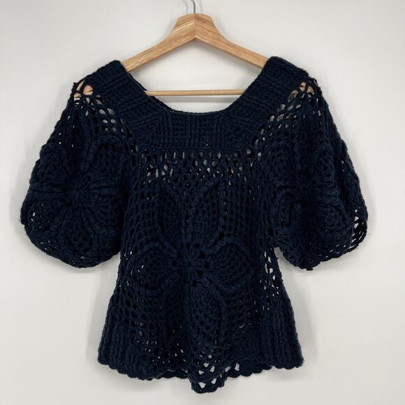 Sheson Crochet Sweater Small Open Knit Navy Blue Short Puff Sleeve Pullover Top - Picture 7 of 10